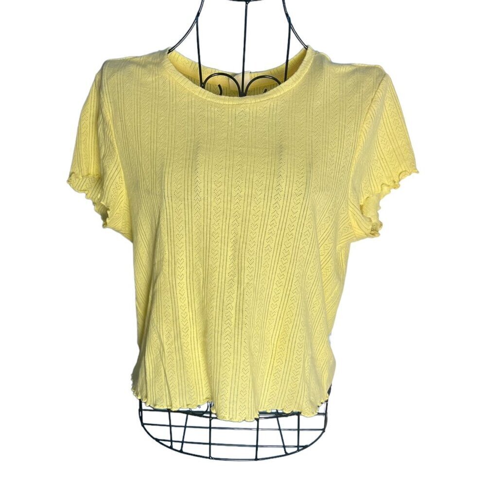 5/$25 Urban Outfitters Women's L Heart Knit Cotton Pastel Yellow Ruffle Preppy